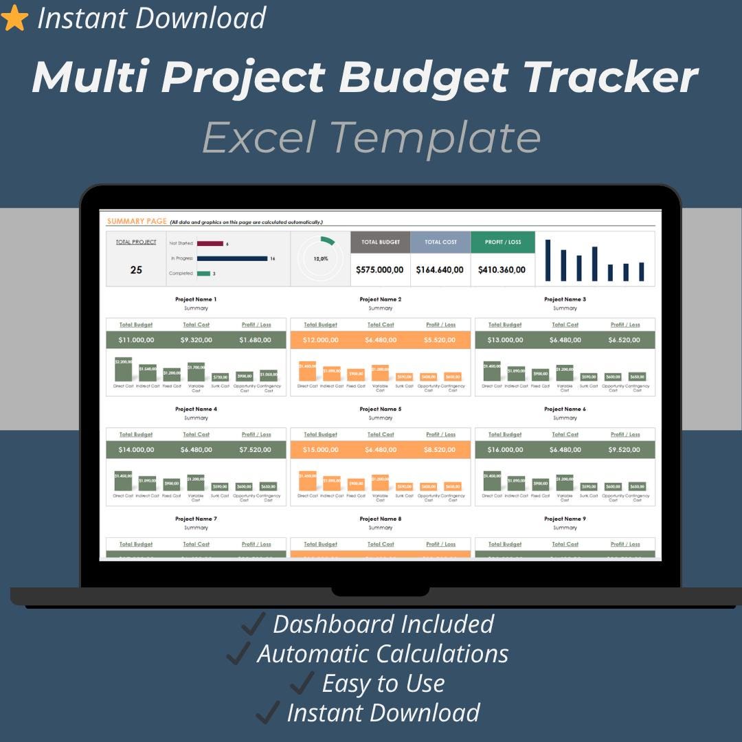 Multi Project Budget Tracker Excel Template | 25 Projects Cost Expense ...
