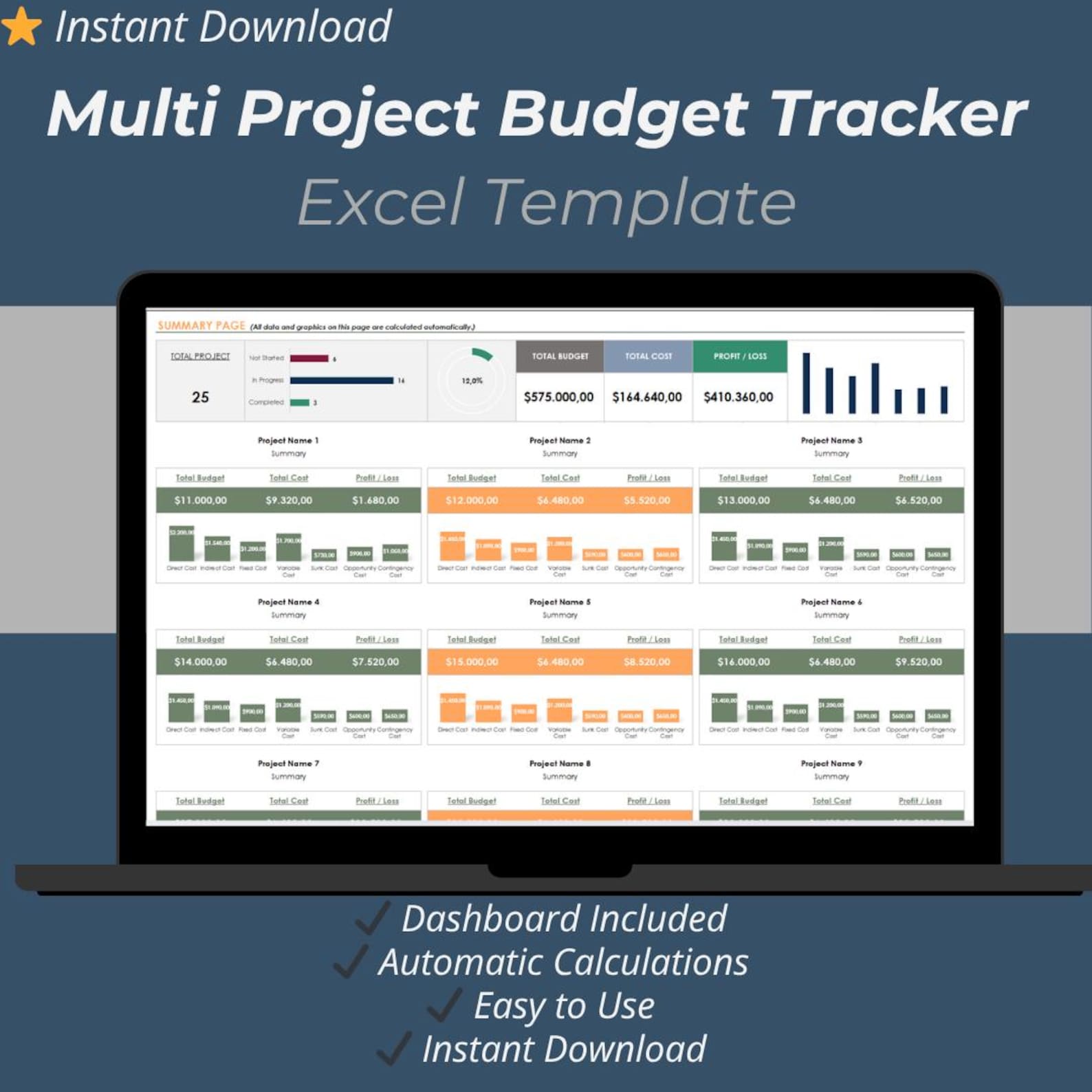 Multi Project Budget Tracker Excel Template | 25 Projects Cost Expense ...
