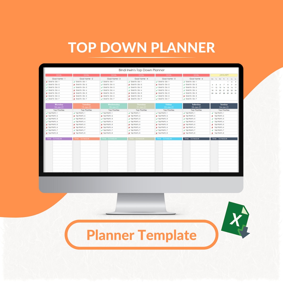 Top down planner excel template excel planner top down tracker planner