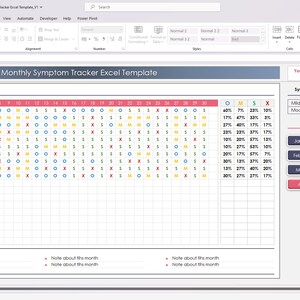 May include: A screenshot of a computer screen showing a spreadsheet with a monthly symptom tracker. The spreadsheet is titled 'Monthly Symptom Tracker Excel Template.' The spreadsheet has a list of symptoms, a calendar grid for the month of April, and a section for notes. The spreadsheet also has a section for symptom grades and abbreviations. The symptom grades are 'Mild,' 'Moderate,' 'Severe,' and 'Follow Up.' The abbreviations are 'M,' 'O,' 'S,' and 'X.' The spreadsheet is in a light gray color scheme with pink accents. The spreadsheet is open in Microsoft Excel.