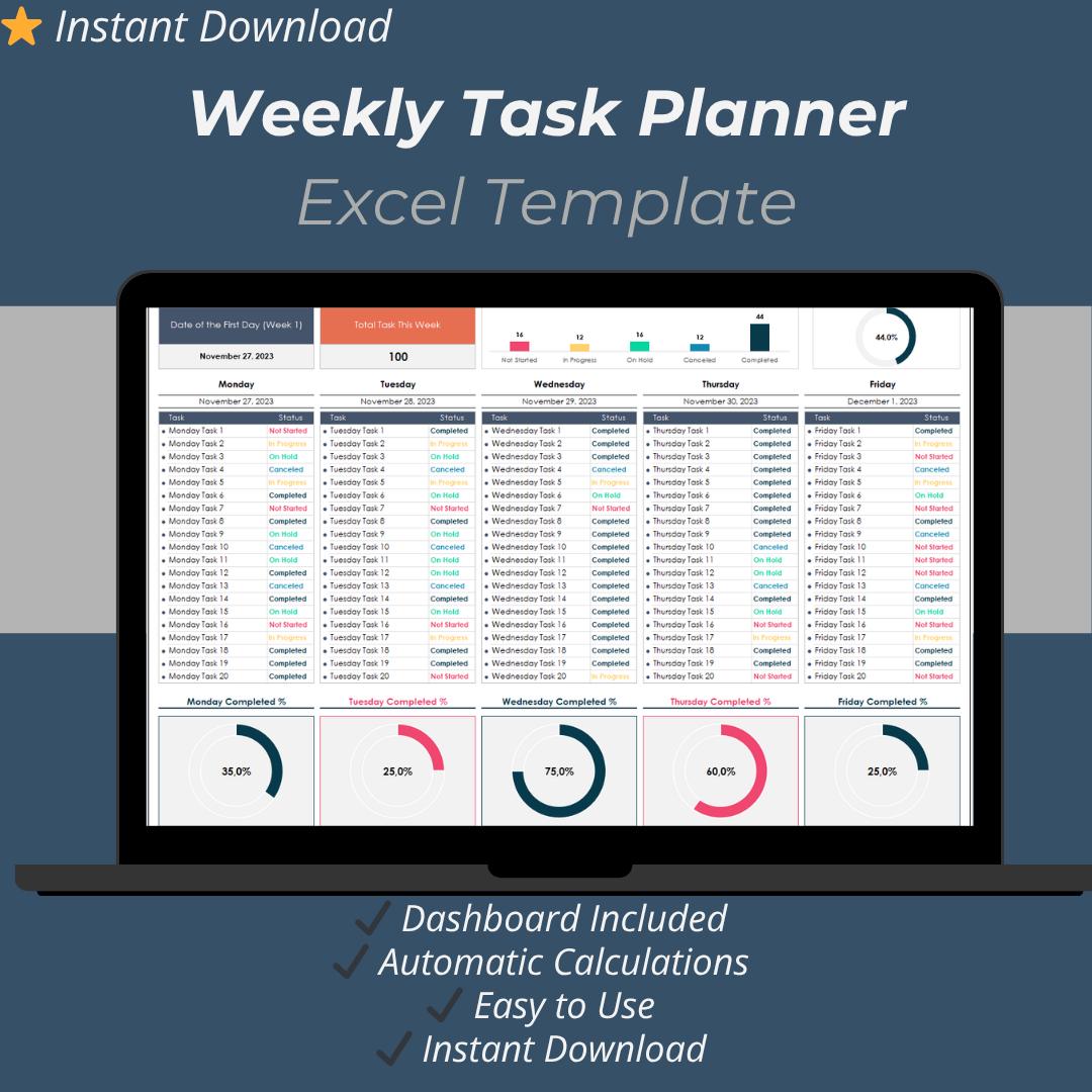 Task Planer Excel Weekly Task Planner Excel Template – Work Organizer, Productivity ...