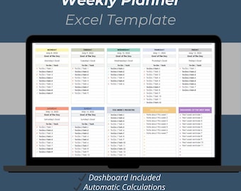 Weekly Planner Excel Template | Productivity Schedule To Do List (Instant Download)