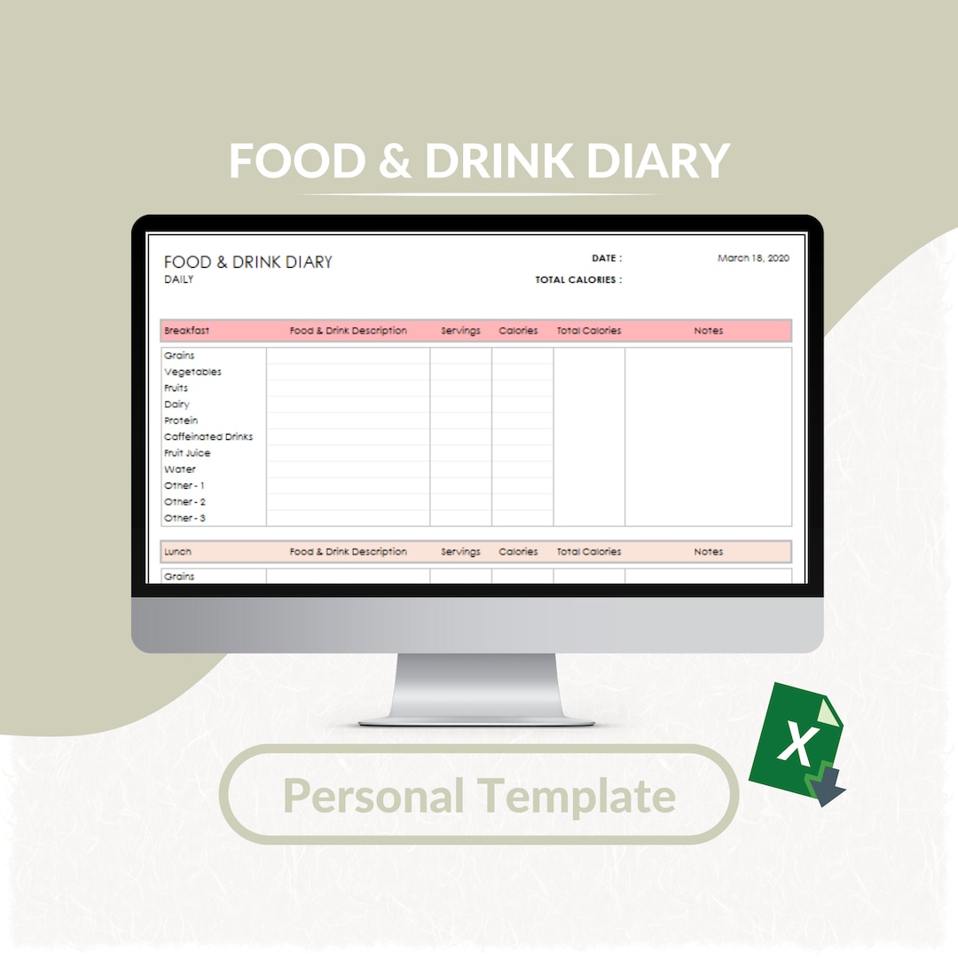 Food & Drink Diary Excel Template | Food Journal Diary | Drink Journal ...