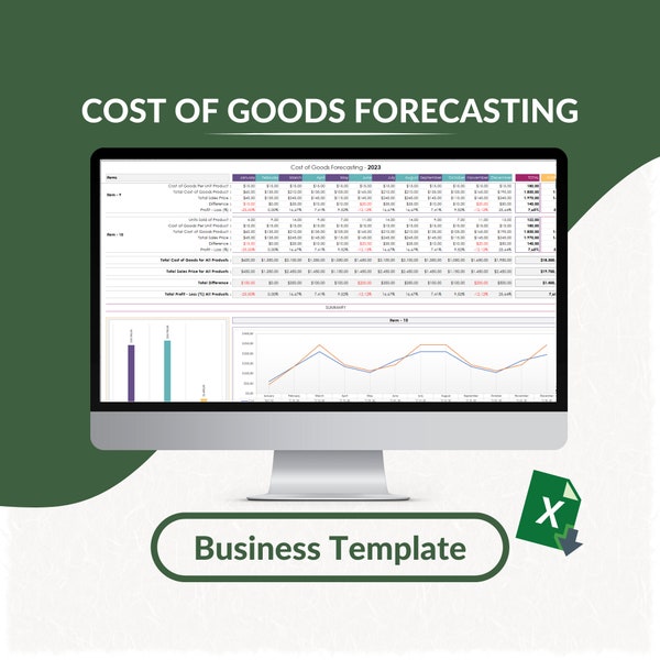 Cost of Goods (COG) Forecasting Excel Template | Cost of Goods Dashboard | Cost, Sales, Difference Tracker | Small Business Spreadsheet