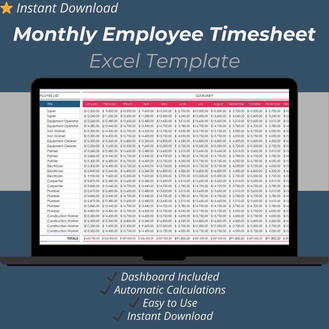 Monthly Employee Timesheet Excel Template: Automatic Work Hours ...
