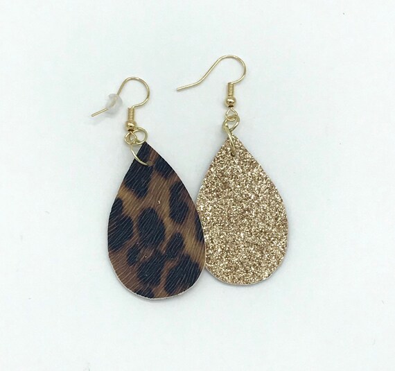 Leopard Faux Leather Earrings Gold Glitter Double Sided - Leopard Faux Leather Earrings Leopard Faux Leather Earrings Gold Glitter Double Sided - Leopard Faux Leather Earrings