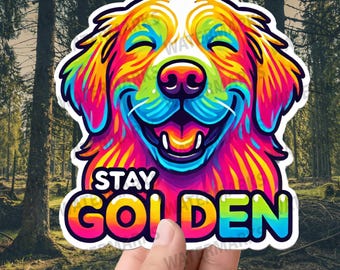 May include: A colorful sticker with a rainbow-colored illustration of a golden retriever dog with the text "Stay Golden" in a rainbow font.