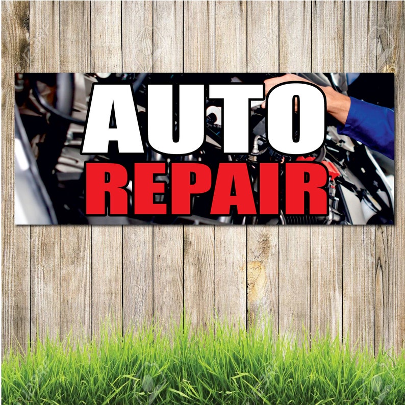 May include: A black and white banner with the words "AUTO REPAIR" in white and red letters. The banner has a picture of an engine and a hand working on it.