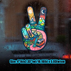 May include: A colorful peace sign sticker with a psychedelic design featuring a van, mountains, and a sun. The sticker is 4 inches high by 2.33 inches wide and 10.16 inches high by 5.93 inches wide.