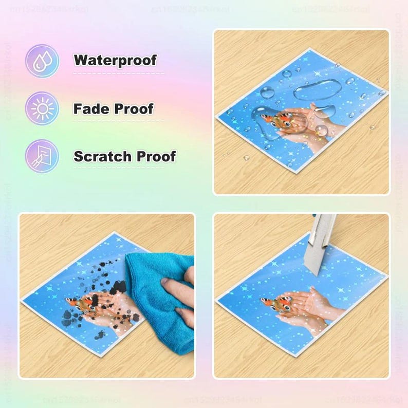 May include: A close-up of a printed photo with a butterfly design. The photo is waterproof, fade proof, and scratch proof. The photo is being tested with water, a cloth, and a knife.