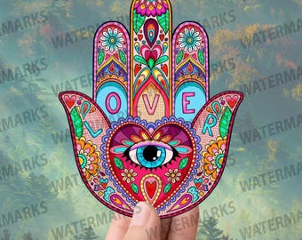 May include: A colorful hamsa hand with a large heart in the center, featuring an eye in the heart. The word "LOVE" is spelled out around the heart. The hamsa is decorated with intricate floral patterns and geometric designs in shades of pink, blue, green, yellow, and orange.