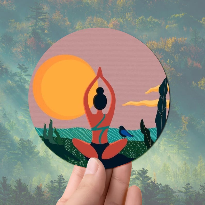 May include: A colorful illustration of a person in a yoga pose with a sunset in the background. The person is wearing a red and orange outfit and has their arms raised above their head. There is a blue bird sitting on a branch in the foreground.