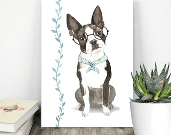May include: Watercolor painting of a Boston Terrier wearing round glasses and a patterned bandana. The dog is black and white with a whimsical style. A blue vine design is on the left side of the white background.