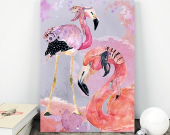 May include: Two pink flamingos with colorful feathers and accessories on a watercolor background. The flamingos are standing on a pink and purple background with white clouds.
