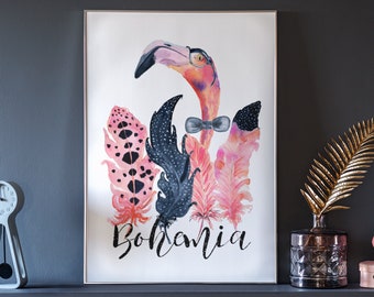 May include: A watercolor painting of a pink flamingo with a black bow tie, surrounded by pink, black, and white feathers. The painting is titled "Bohemia".