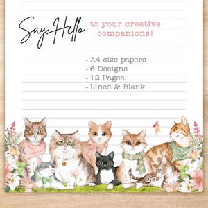 Cat Lovers – Printable Stationery #2 | Cats and Floral Writing Paper, Digital Download PDF, Letter and Note Paper, Lined and Blank, A4 Size