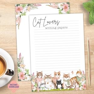 Cat Lovers – Papelaria para impressão nº 2 | Cats and Floral Writing Paper, Download digital em PDF, Papel para cartas e notas, pautado e em branco, tamanho A4