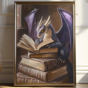 Fantasy Dragon Book Lovers Art Print | Bookish Fantasy Wall Decor | Mystical Library | Bookshelf Decor | Digital Download | Book Lovers Gift