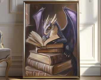 Fantasy Dragon Reading Art Print | Bookish Wall Decor (Digital Download)