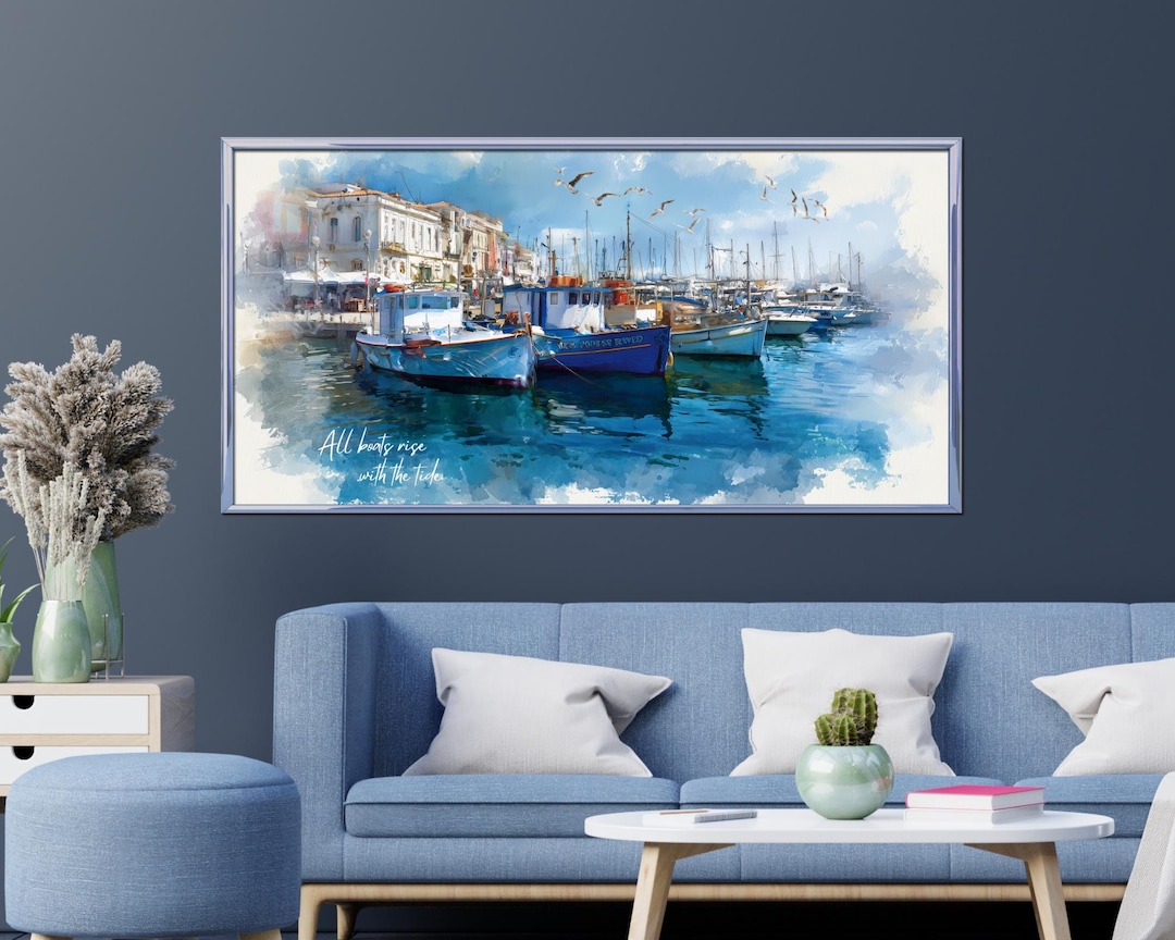 Mediterranean Coastal Wall Art – Watercolor Boats in Harbor – Large ...