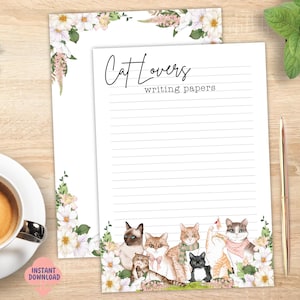 Papelería imprimible n.° 1 para amantes de los gatos, papel para escribir con motivos florales y de gatos, descarga digital en formato PDF, papel para cartas y notas, con líneas y en blanco, tamaño A4