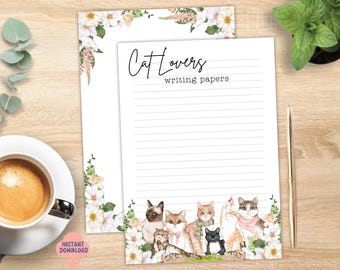 Cat & Floral Writing Paper, Printable Stationery, A4 (Digital Download)