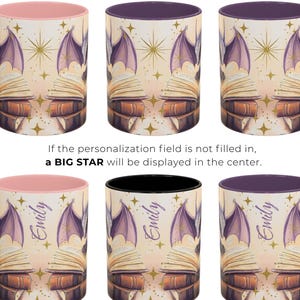 Puede incluir: Conjunto de tres tazas de cer&aacute;mica de 11 onzas con borde rosa, negro y morado. Cada taza presenta un dise&ntilde;o caprichoso de murci&eacute;lagos, libros y estrellas. Las tazas est&aacute;n personalizadas con el nombre "Emily".