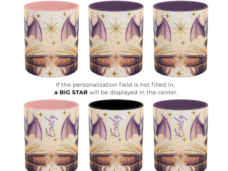 Puede incluir: Conjunto de tres tazas de cer&aacute;mica de 11 onzas con borde rosa, negro y morado. Cada taza presenta un dise&ntilde;o caprichoso de murci&eacute;lagos, libros y estrellas. Las tazas est&aacute;n personalizadas con el nombre "Emily".