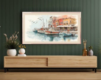 Nautical Boats Wall Art – Watercolor Beach & Harbor Scene – Printable Ocean Digital Artwork, Instant Download