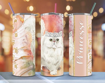 Bicchiere per gatto persiano – Design acquerello con tiara, 20 once sottile (download digitale)