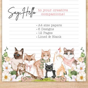 Printable Stationery #1 for Cat Lovers, Cats and Floral Writing Paper, Digital Download PDF, Letter and Note Paper, Lined and Blank, A4 Size