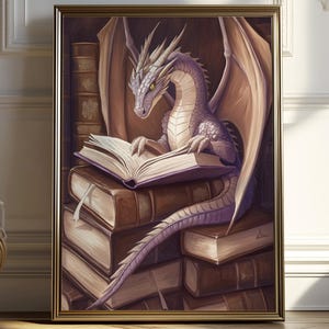 Book Lovers Fantasy Dragon Art Print | Bookish Fantasy Wall Decor | Mystical Library | Bookshelf Decor | Digital Download | Book Lovers Gift