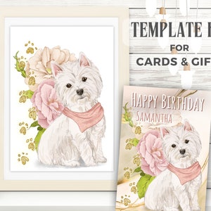 Printable Wall Art + Card Template – Westie with Bandana, Birthday and Greeting Card, Editable Personalized Dog Gift Poster, Notebook Cover