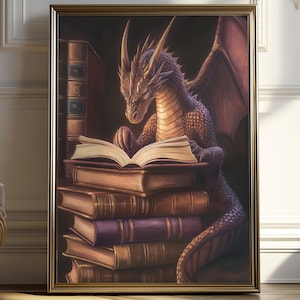Fantasy Book Lovers Dragon Art Print | Bookish Fantasy Wall Decor | Mystical Library | Bookshelf Decor | Digital Download | Book Lovers Gift