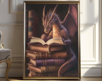 Fantasy Dragon Reading Art Print | Mystical Library Decor (Digital Download)