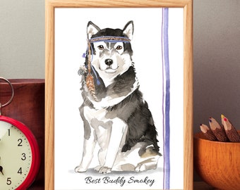 May include: Watercolor painting of a black and white dog wearing a purple and brown headband with feathers. The dog is sitting and looking at the viewer. The painting is titled "Best Buddy Smokey".
