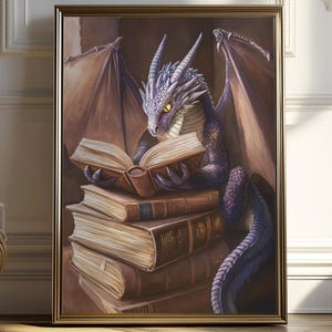 Book Lovers Fantasy Dragon Art Print | Bookish Fantasy Wall Decor | Mystical Library | Bookshelf Decor | Digital Download | Book Lovers Gift