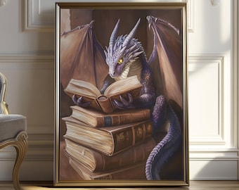Fantasy Dragon Reading Art Print | Mystical Library Decor (Digital Download)