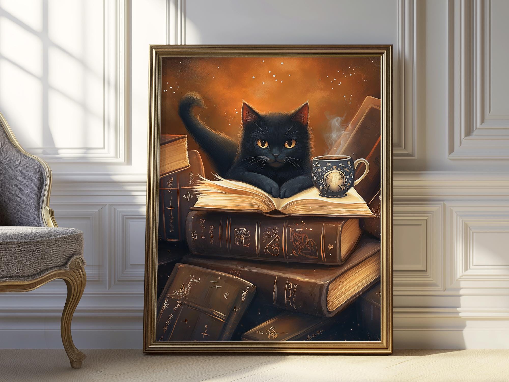 ファンタジー魔法の黒猫ライブラリーアートプリント｜本好きへのギフト