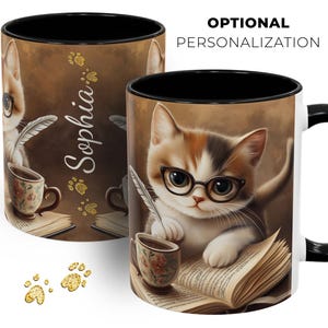 Personalized Book Lover Mug, Gift for Reader, Coffee Mug for Cat Lover, Custom Mug for Pet Lover, Librarian Cup, Gift for Her, Bookish Cat