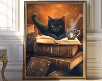 Lámina artística de biblioteca con gato negro de fantasía / Regalo para amantes de los libros (Descarga digital)