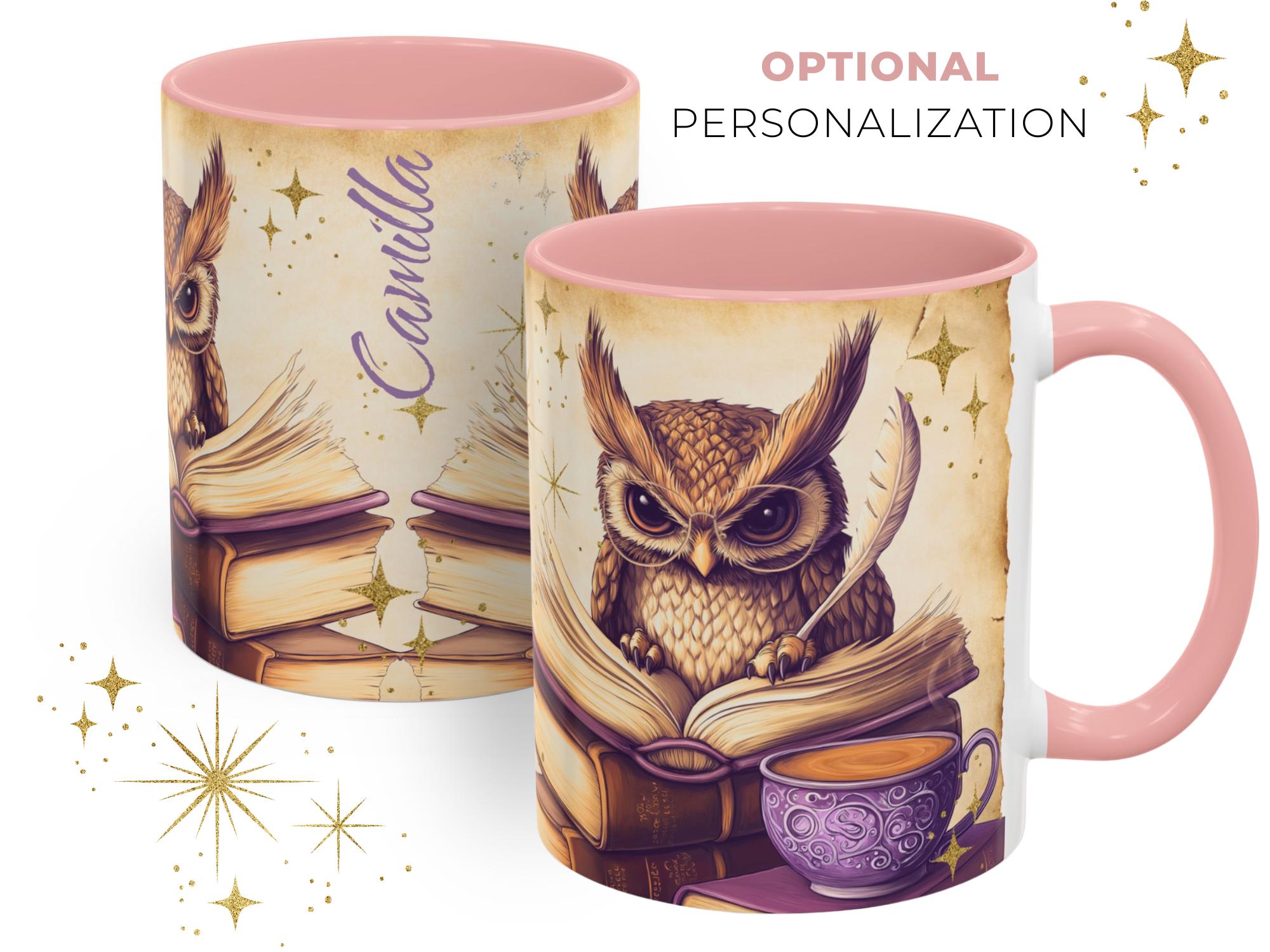 Book Lover Owl Mug, Bookish Wise Owl Librarian, Vintage Style, Optional Personalization