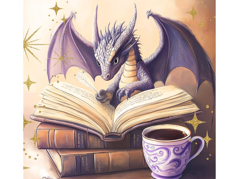 Puede incluir: Un drag&oacute;n morado con alas se sienta en una pila de libros, sosteniendo una pluma y leyendo un libro. Una taza de caf&eacute; se encuentra en la mesa junto al drag&oacute;n.
