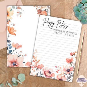 Poppy Bliss – Carta da lettere floreale stampabile, 8 biglietti di auguri e di scrittura floreale, download digitale, biglietti di auguri con lettere, a righe e vuoti, formato A5