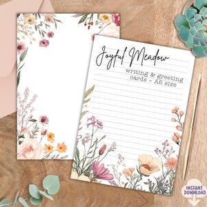 印刷可能なカード Joyful Meadow – 花の文房具、花のライティング & グリーティング カード 8 枚、デジタル ダウンロード、メモ カード、罫線あり、白紙、A5 サイズ