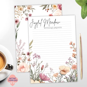 Joyful Meadow – Papelaria de flores para impressão, 8 papéis de escrita florais, tamanho A4, download digital em PDF, papel para cartas e notas, pautado e em branco
