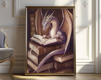 Fantasy Dragon Reading Print | Cozy Library Art (Digital Download)