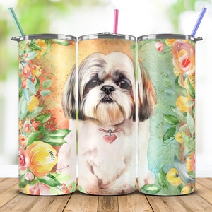 Shih Tzu – Skinny Dog Tumbler Seamless Sublimation Wrap, Download Design Template 20oz Straight & Tapered, Flowers, Gift for Dog Lovers