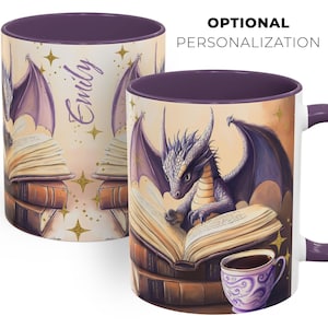 Purple and white ceramic mug with a dragon reading a book. The mug has a purple interior and handle and an optional personalization on the side.