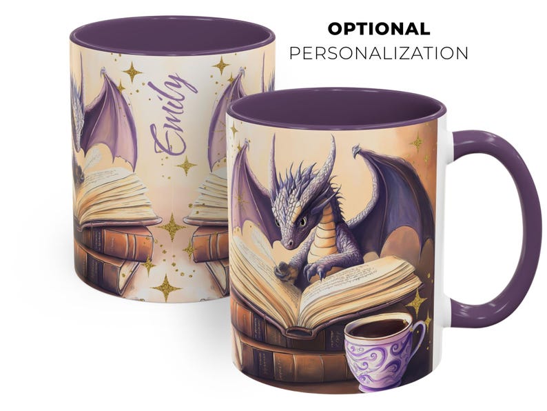 Purple and white ceramic mug with a dragon reading a book. The mug has a purple interior and handle and an optional personalization on the side.